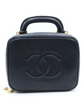 Chanel CC Logo 2-Way Vanity Bag Handbag Black Caviar Leather